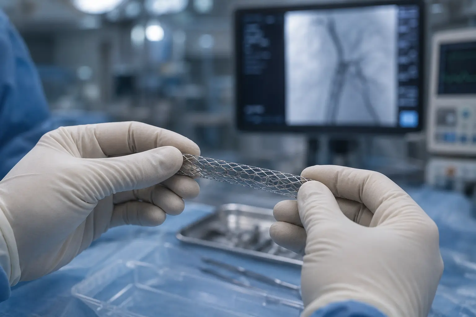 A gloved surgeon holding a stent in theatre