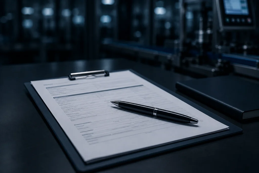 A regulatory submission form on a clipboard with a pen, on a manufacturing floor