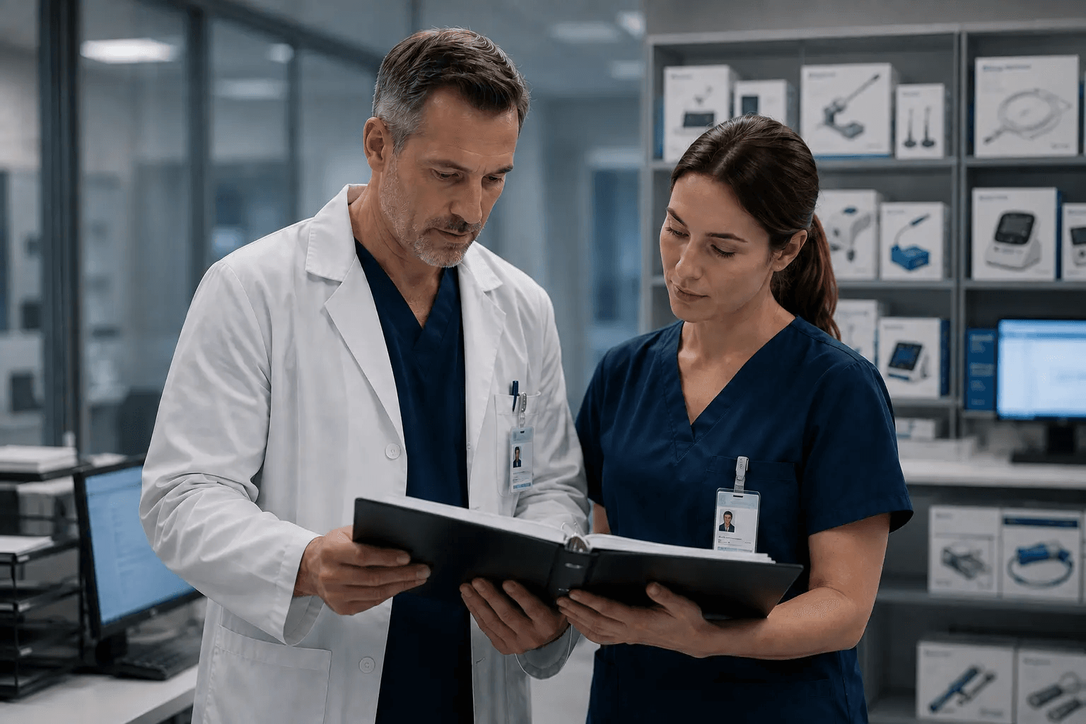 Two clinical staff reviewing a device dossier in a hospital equipment room 