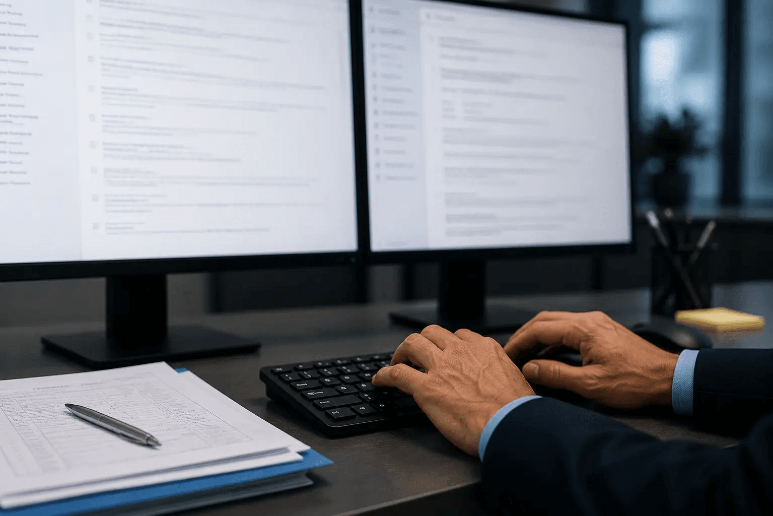 A regulatory manager reviewing submission documents at a two-screen desk